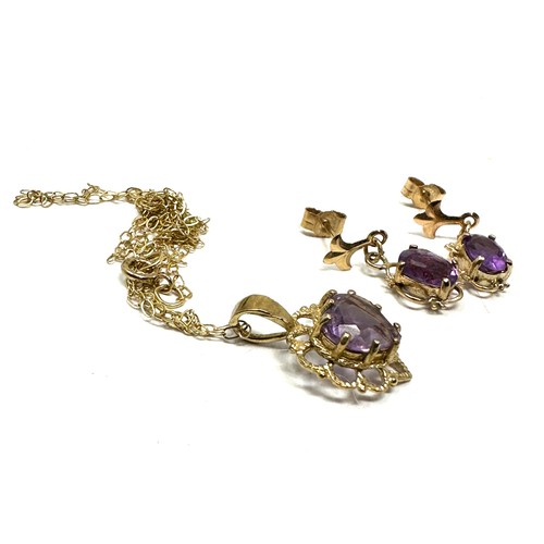 110 - 2x 9ct gold amethyst earrings & necklace (1.8g)