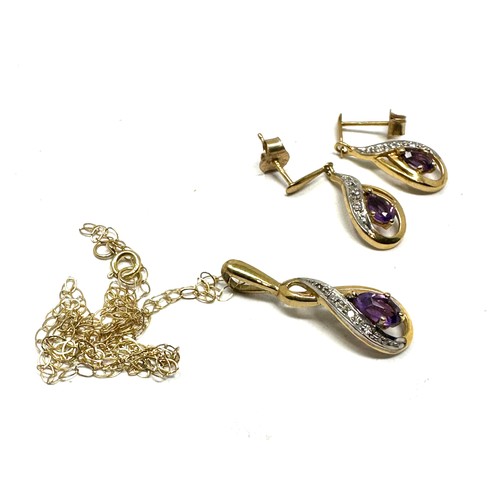 111 - 2x 9ct gold amethyst & diamond earrings & necklace set (2.5g)