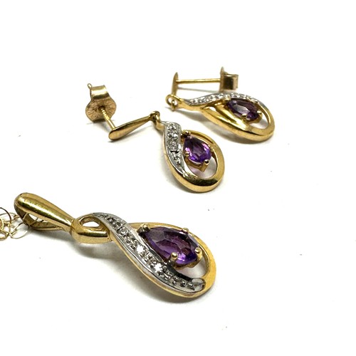 111 - 2x 9ct gold amethyst & diamond earrings & necklace set (2.5g)