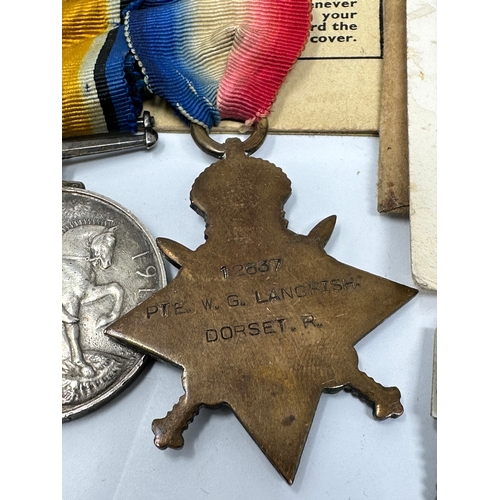 407 - WW1-WW2 Family medal groups & original paperwork & photos ww1 trio to 12637 pte w.g Langrish dorset ... 