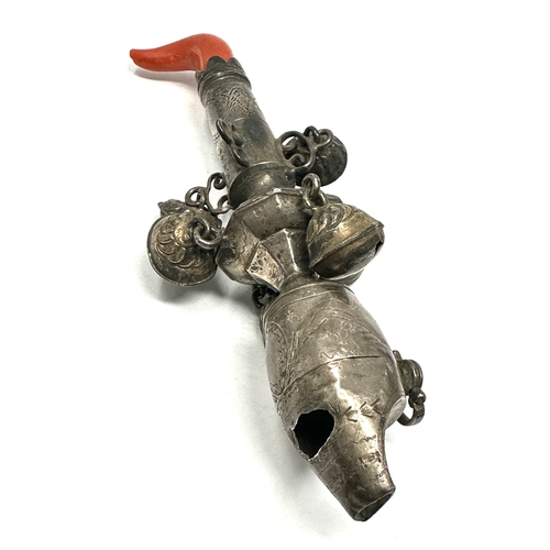 22 - Antique georgian silver & coral babies rattle & whistle measures approx 13cm long