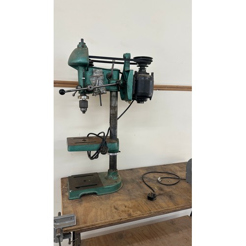 361 - Hilka half horse power 240 volt grind stone,  pillar drill, corner vice, fixed to bench, approximate... 