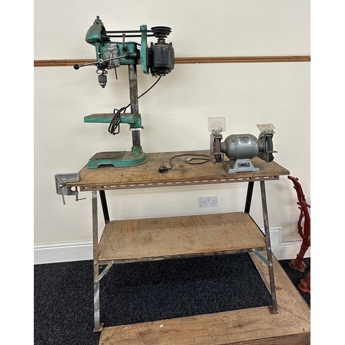 361 - Hilka half horse power 240 volt grind stone,  pillar drill, corner vice, fixed to bench, approximate... 