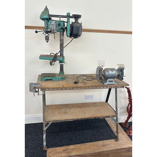 361 - Hilka half horse power 240 volt grind stone,  pillar drill, corner vice, fixed to bench, approximate... 