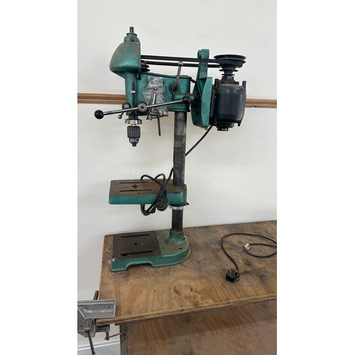 361 - Hilka half horse power 240 volt grind stone,  pillar drill, corner vice, fixed to bench, approximate... 