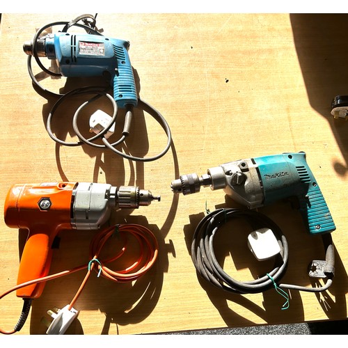 340 - 2 Makita electric drills, 1 Black and Decker, all in working order