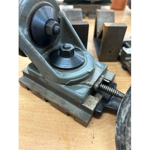 353 - Selection of lathe accessories to include a steady, boring bars, pair handle wheels etc