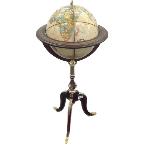 312 - Globe on mahogany and brass stand in lovely condition overall height 38 inches tall