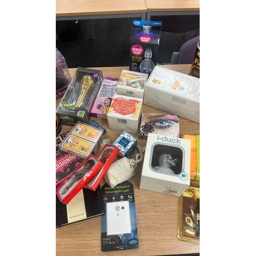 227 - Box of new packaged items includes mugs, bottle openers, disco lights, sensor light, card games etc