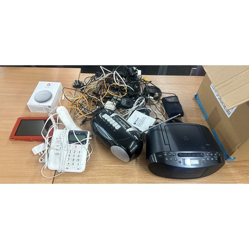 325 - Box of electrical and tech items includes phones, kindle, tape recorder, dvd player etc