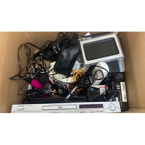 325 - Box of electrical and tech items includes phones, kindle, tape recorder, dvd player etc