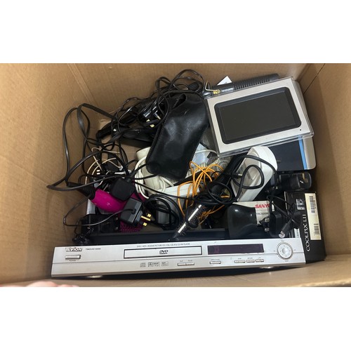 325 - Box of electrical and tech items includes phones, kindle, tape recorder, dvd player etc