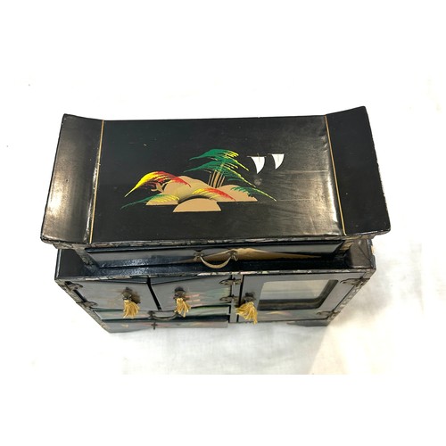 19 - Vintage hand painted lacquered jewellery box 9.5 inches tall, 9 inches wide, 4.5 inches depth