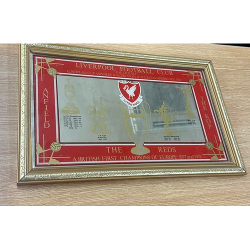 295 - Framed Liverpool football mirror measures approx 14 inches high by 22 wide