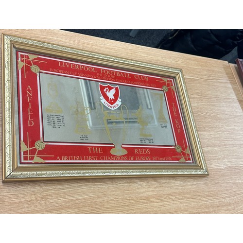 295 - Framed Liverpool football mirror measures approx 14 inches high by 22 wide