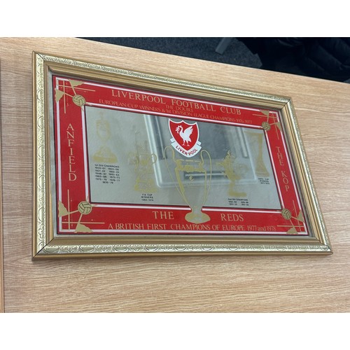 295 - Framed Liverpool football mirror measures approx 14 inches high by 22 wide