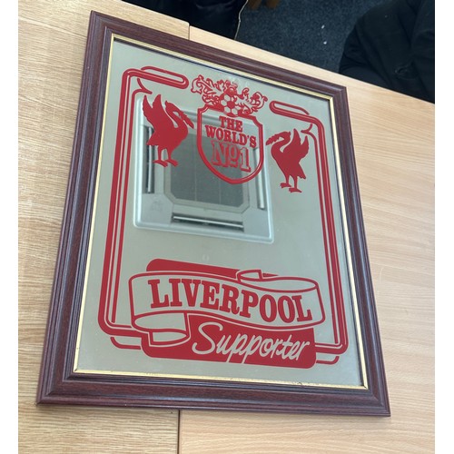 312 - Framed Liverpool football mirror measures approx 23 inches tall by 19 wide