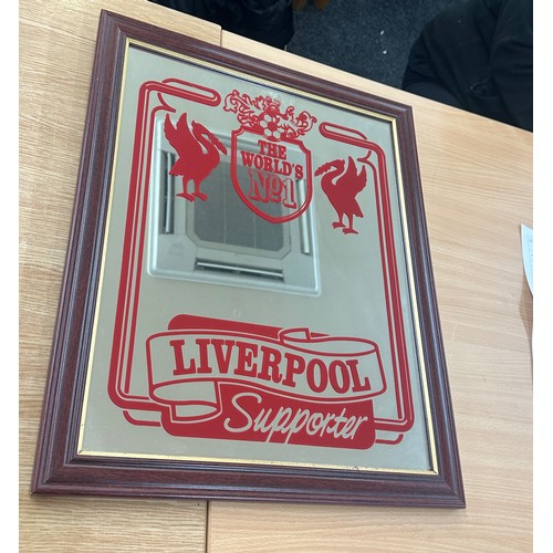 312 - Framed Liverpool football mirror measures approx 23 inches tall by 19 wide