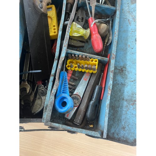 253 - Metal tool box and contents includes saws, screw drivers etc