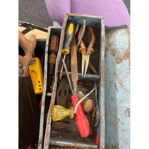 253 - Metal tool box and contents includes saws, screw drivers etc