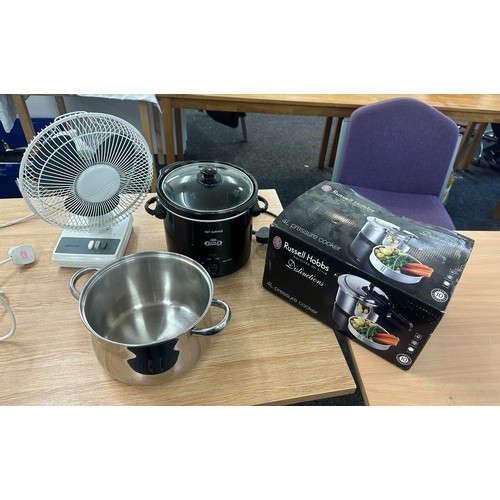 324 - Russell hobbs pressure cooker, slow cooker, electric fan and a pan