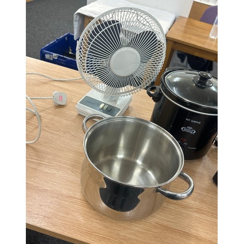 324 - Russell hobbs pressure cooker, slow cooker, electric fan and a pan