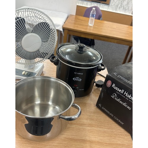 324 - Russell hobbs pressure cooker, slow cooker, electric fan and a pan