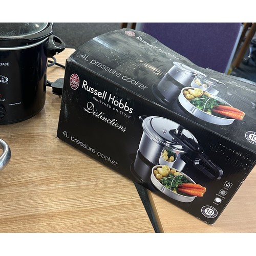 324 - Russell hobbs pressure cooker, slow cooker, electric fan and a pan