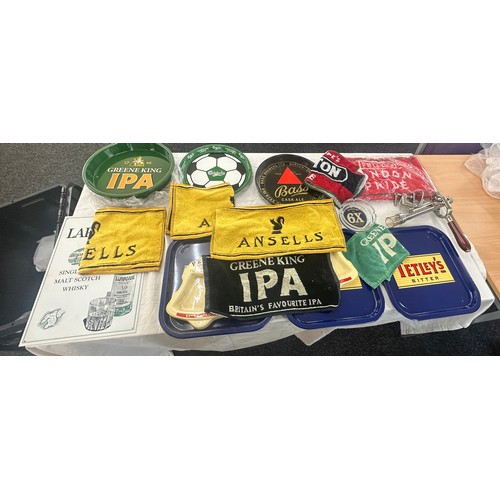 183 - Selection of pub advertising pieces to include trays, beer pump, towels etc