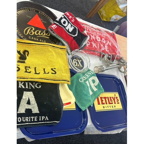 183 - Selection of pub advertising pieces to include trays, beer pump, towels etc