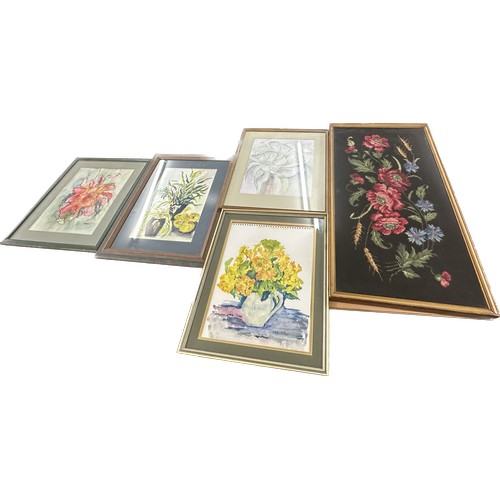 165 - Selection of framed flower watercolours, by M Swain framed embriodery depicting flowers, largest fra... 