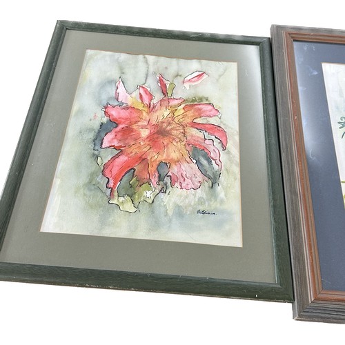 165 - Selection of framed flower watercolours, by M Swain framed embriodery depicting flowers, largest fra... 