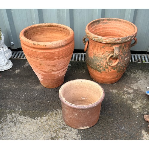 100V - three terracotta plant pots largest measures approx 12 inches tall by 11 inches diameter