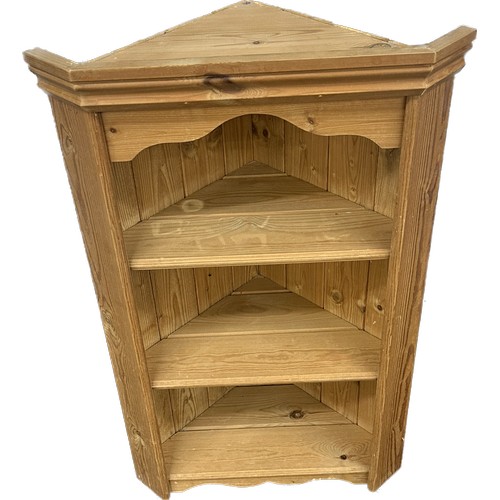 337 - Pine wall hanging corner cabinet measures approx 33 inches tall by 21 inches wide and 13 inches deep