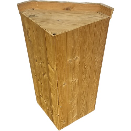 337 - Pine wall hanging corner cabinet measures approx 33 inches tall by 21 inches wide and 13 inches deep