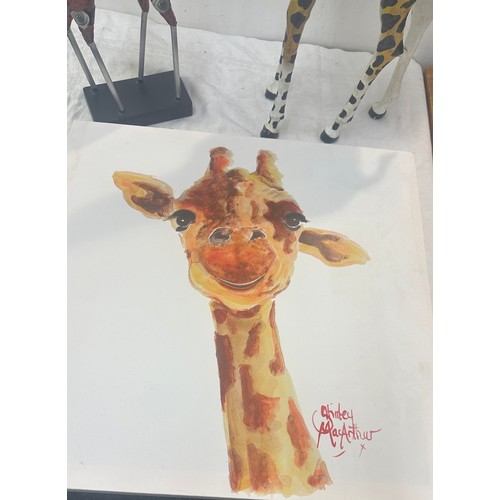 311 - 2 Giraffe figures and a signed painting by Sherley mcarther