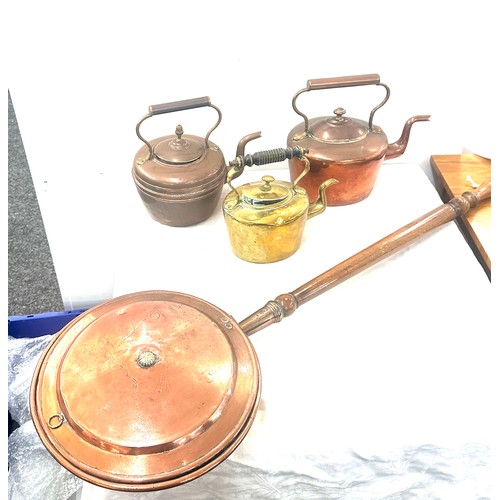 207 - 2 Vintage copper kettles, brass kettle and a bed warming pan and a copper funnel