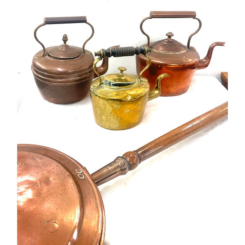 207 - 2 Vintage copper kettles, brass kettle and a bed warming pan and a copper funnel