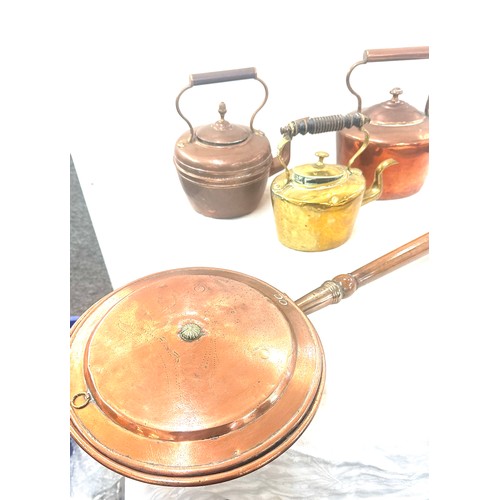 207 - 2 Vintage copper kettles, brass kettle and a bed warming pan and a copper funnel