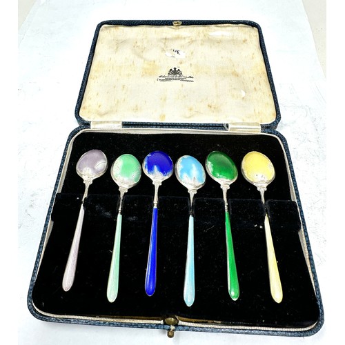 72 - 6 x .925 sterling guilloche enamel spoons cased enamel