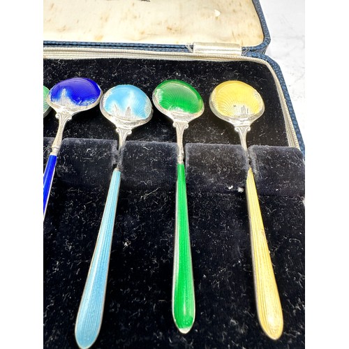 72 - 6 x .925 sterling guilloche enamel spoons cased enamel