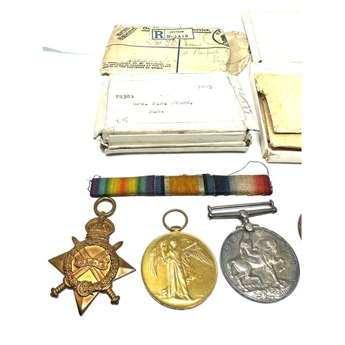 390 - WW1 1914-15 Star Trio with Boxes & I.D Tag Named 72381 Spr F.D Evans R.E