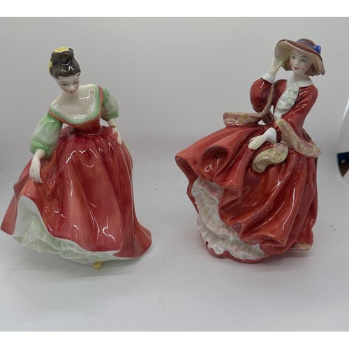 591 - Two vintage Royal Doulton lady figures 'Top O' The Hill' HN1834 and 'Fair Lady (Red)' HN 2832