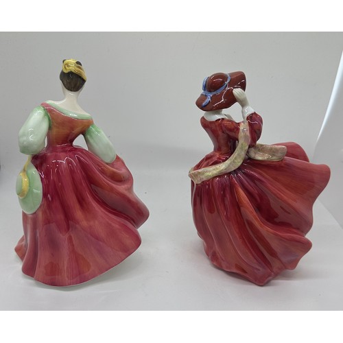 591 - Two vintage Royal Doulton lady figures 'Top O' The Hill' HN1834 and 'Fair Lady (Red)' HN 2832