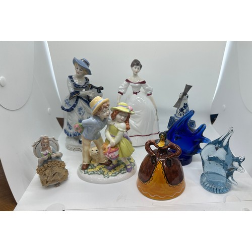 201 - Selection of vintage porcelain figures one signed, and two glass fish