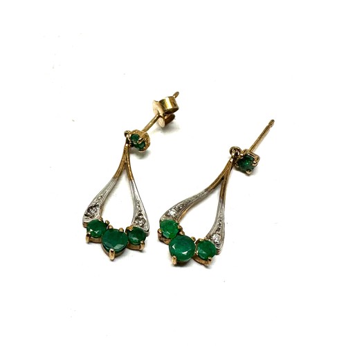 122 - 9ct gold emerald & diamond drop earrings (1.3g)