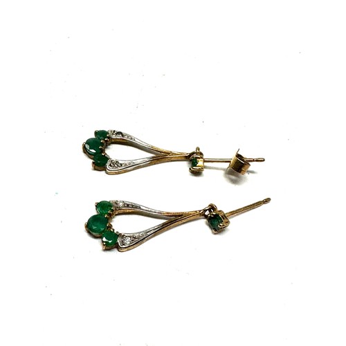 122 - 9ct gold emerald & diamond drop earrings (1.3g)