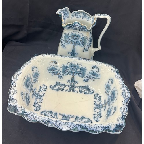 609 - Antique blue and white Jug and Bowl set f and s Burslum