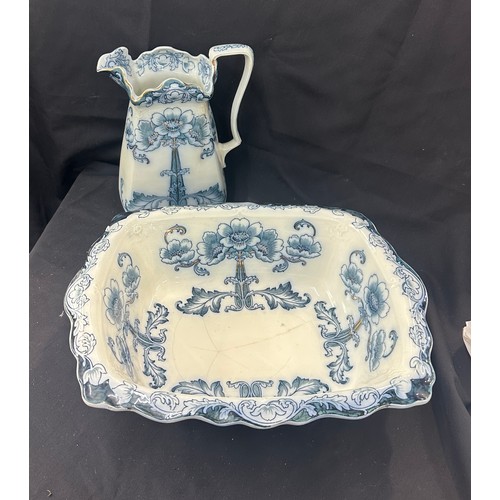 609 - Antique blue and white Jug and Bowl set f and s Burslum