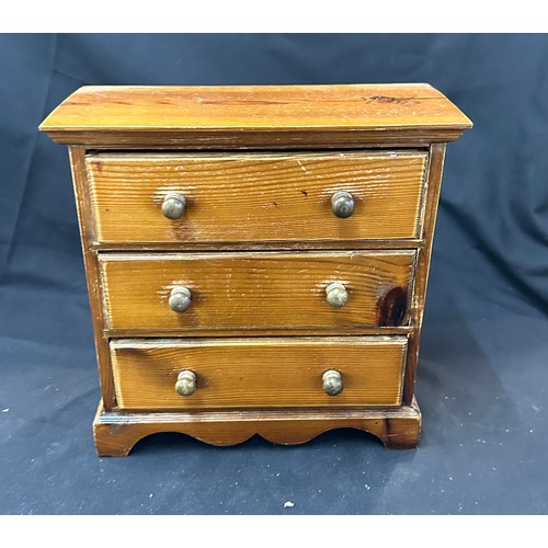 92 - Miniature 3 drawer oak chest measures approximately 12 inches tall 12 inches wide 6 inches depth